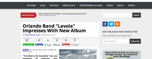 East Orlando Post: “Lavola” Impresses With New Album (Rating 5/5)